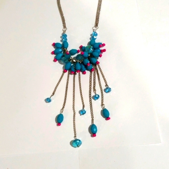 Turquoise & Red Beaded Statement Necklace & Earrings – Silver Fringe Multi-Chain - Picture 3 of 7